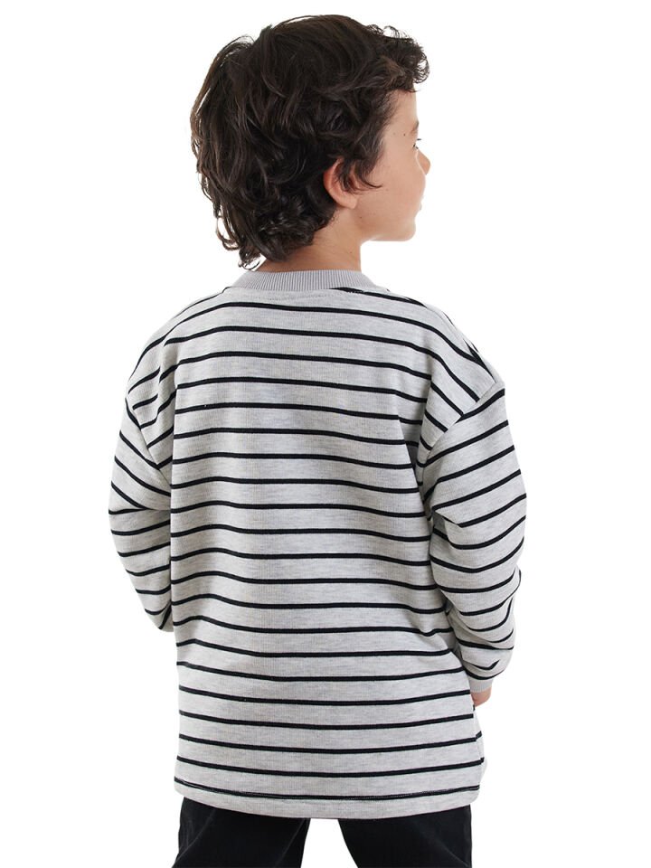 Cool Oversize Çizgili Gri Erkek Çocuk Sweatshirt