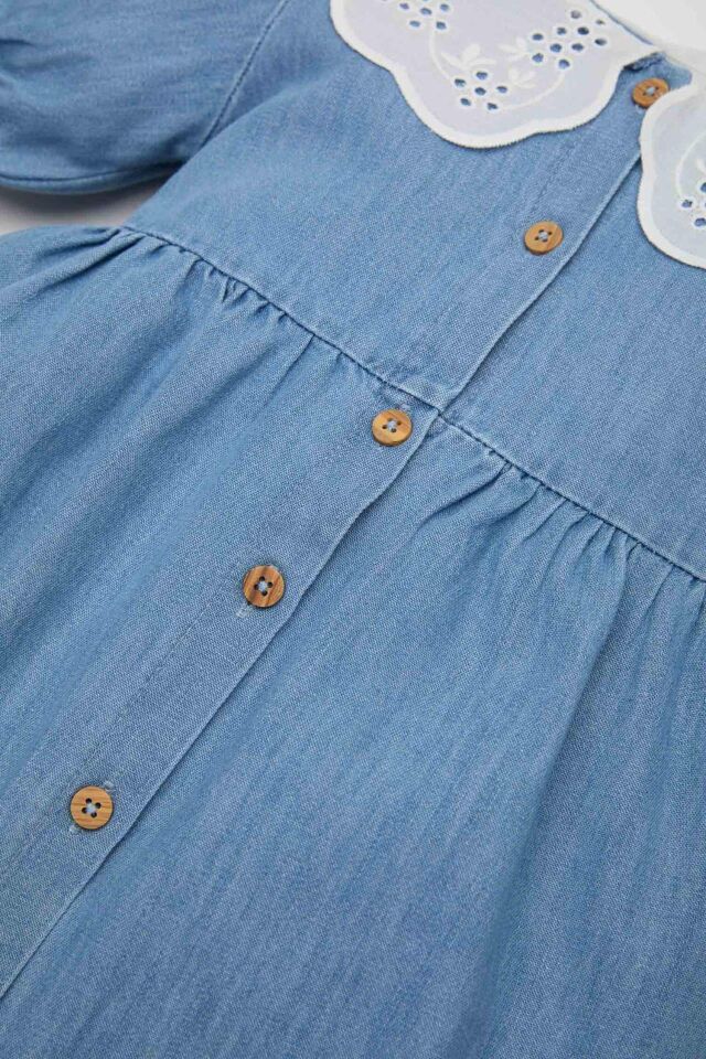 Kız Bebek Geniş Dantel Yakalı Kısa Kollu Jean Elbise