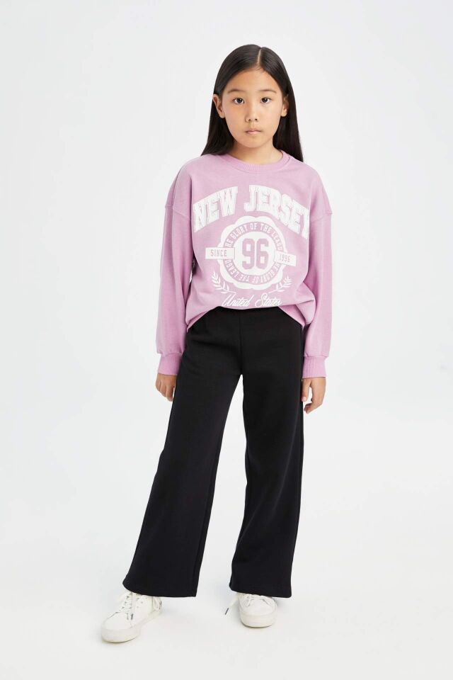 Kız Çocuk Relax Fit Bisiklet Yaka Üniversite Baskılı Sweatshirt