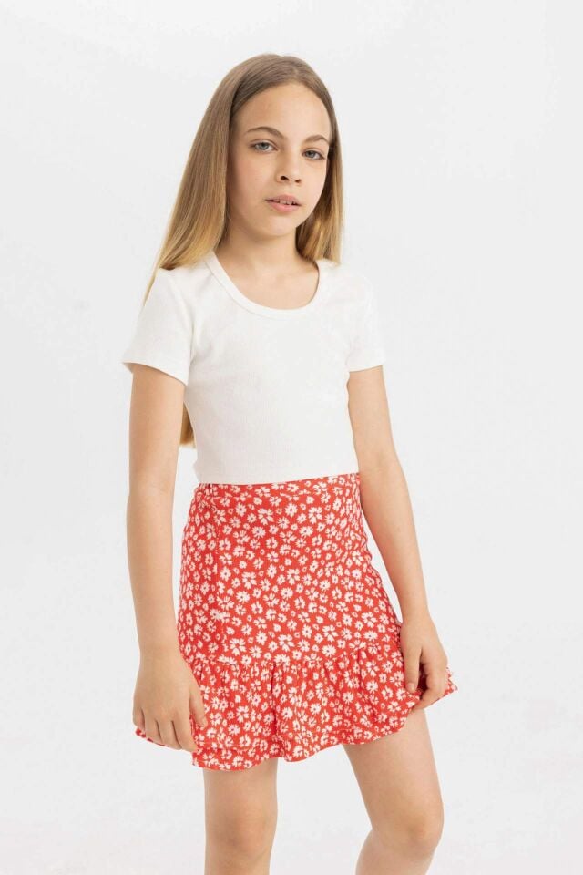 Kız Çocuk Slim Fit Dar Kesim Bisiklet Yaka Basic Düz Fitilli Kaşkorse Kısa Kollu Tişört
