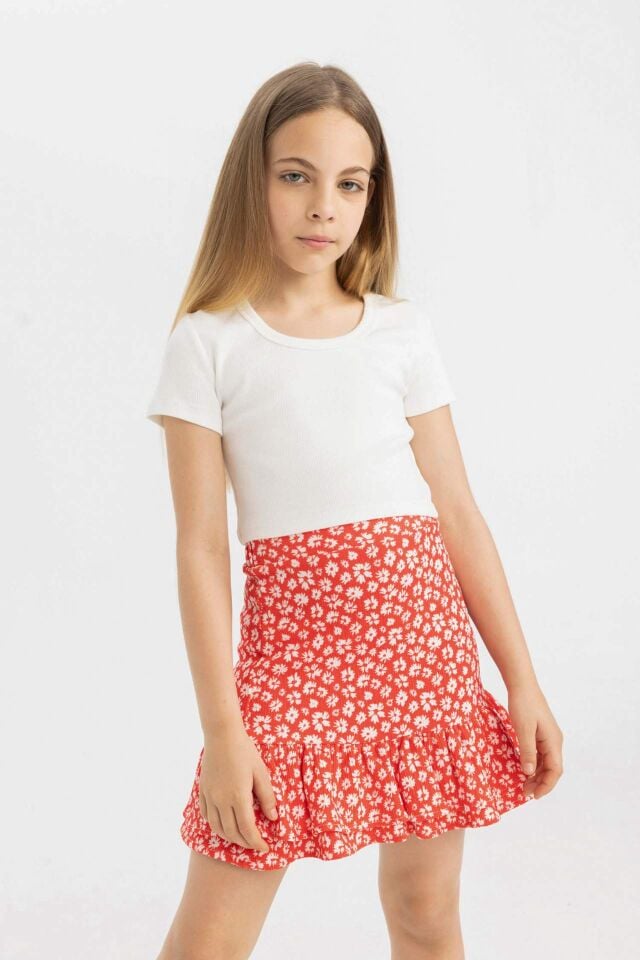 Kız Çocuk Slim Fit Dar Kesim Bisiklet Yaka Basic Düz Fitilli Kaşkorse Kısa Kollu Tişört
