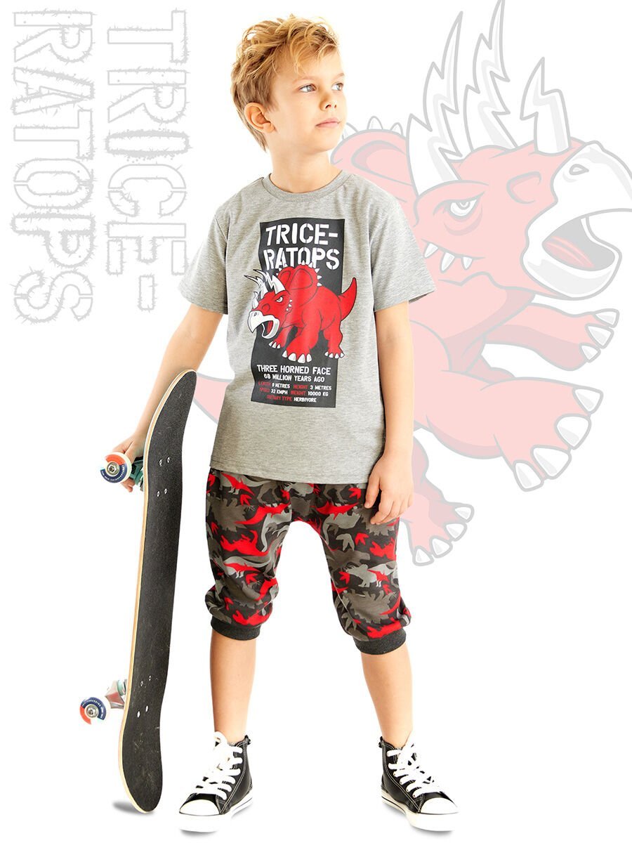 Triceratops Erkek Çocuk T-shirt Kapri Şort Takım
