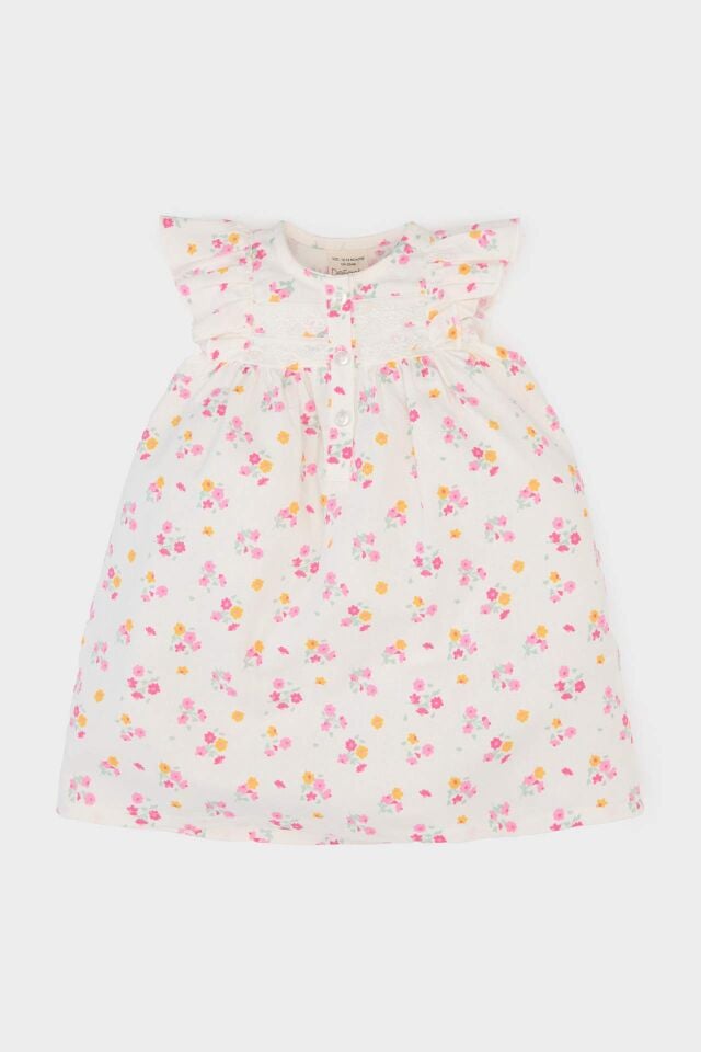 Kız Bebek Çiçekli Kısa Kollu Twill Elbise