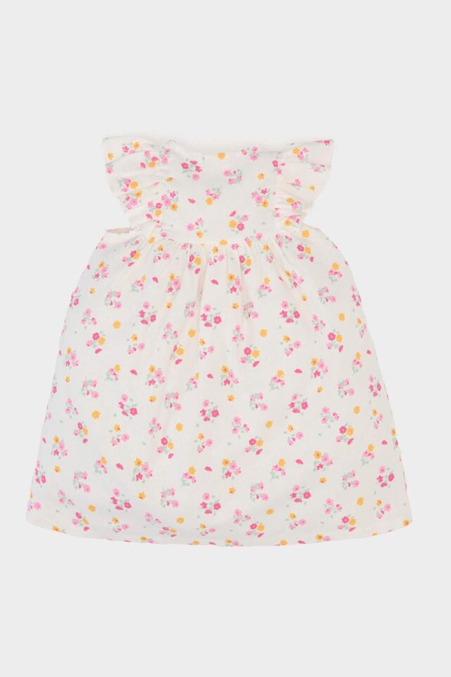 Kız Bebek Çiçekli Kısa Kollu Twill Elbise