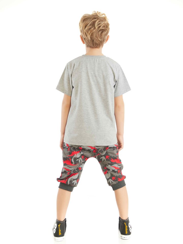Triceratops Erkek Çocuk T-shirt Kapri Şort Takım 4 Y - Gri, Kırmızı