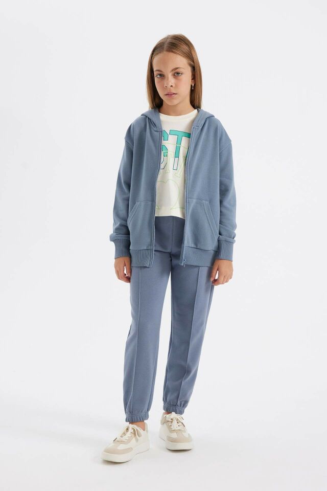 Kız Çocuk Gri Standart Fit Beli Paçası Lastikli Cepli Basic Düz Okul Jogger Eşofman Altı