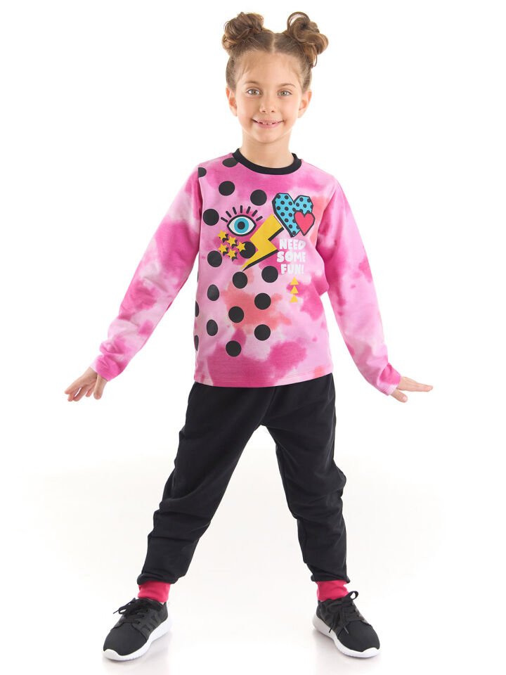 Retro Batik Kız Çocuk T-Shirt Pantolon Takım 6 Y - Pembe, Siyah