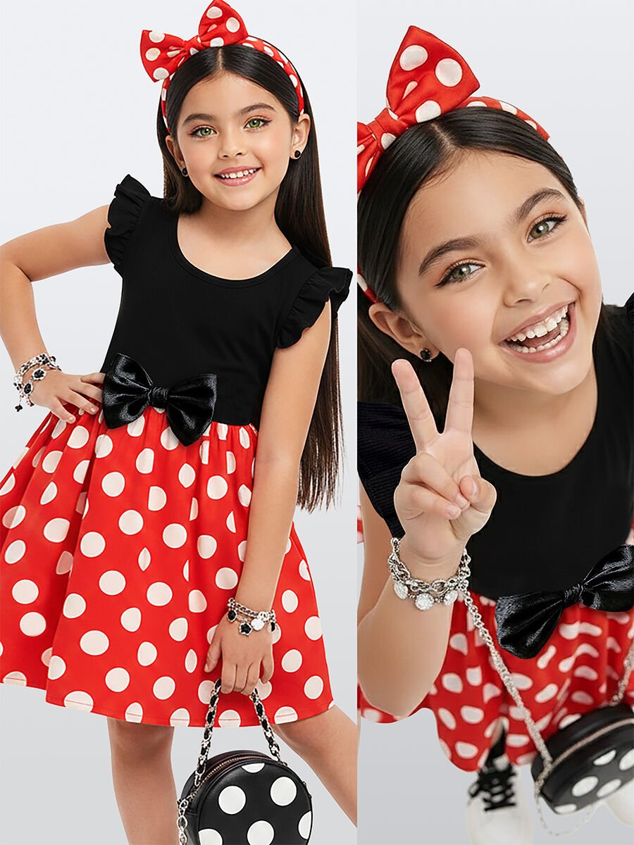Kırmızı Puanlı Saten Kurdeleli Kız Çocuk Elbise