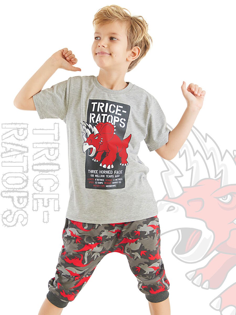 Triceratops Erkek Çocuk T-shirt Kapri Şort Takım 7 Y - Gri, Kırmızı