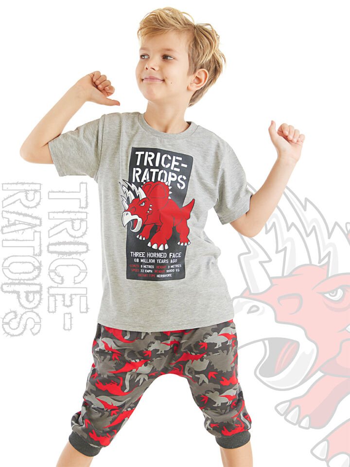 Triceratops Erkek Çocuk T-shirt Kapri Şort Takım 7 Y - Gri, Kırmızı