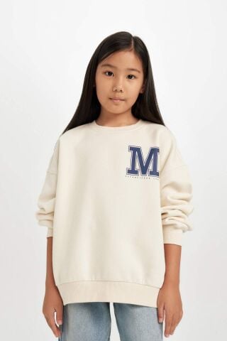 Kız Çocuk Oversize Geniş Kalıp Bisiklet Yaka Baskılı Sweatshirt