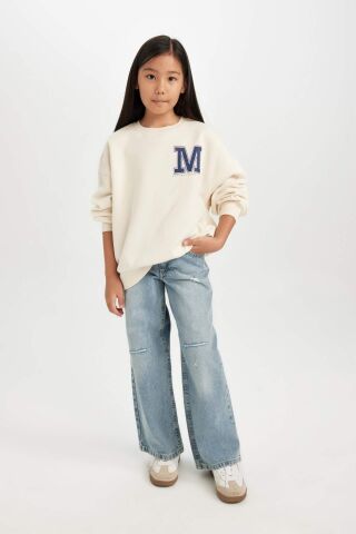 Kız Çocuk Oversize Geniş Kalıp Bisiklet Yaka Baskılı Sweatshirt