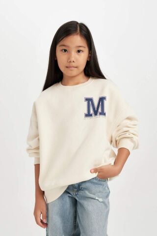 Kız Çocuk Oversize Geniş Kalıp Bisiklet Yaka Baskılı Sweatshirt