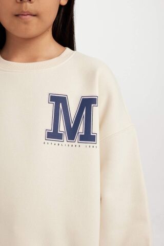 Kız Çocuk Oversize Geniş Kalıp Bisiklet Yaka Baskılı Sweatshirt