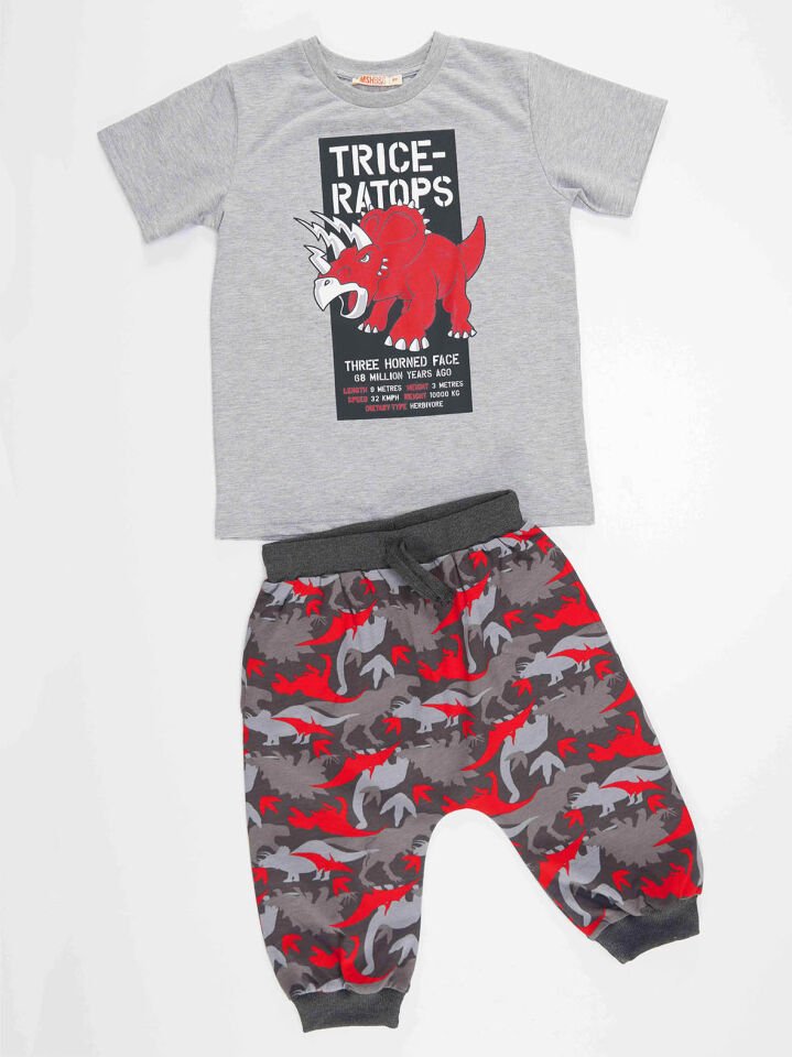 Triceratops Erkek Çocuk T-shirt Kapri Şort Takım 8 Y - Gri, Kırmızı