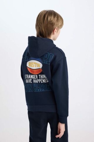 Erkek Çocuk Lacivert Kapüşonlu Sırt Baskılı Kalın Sweatshirt