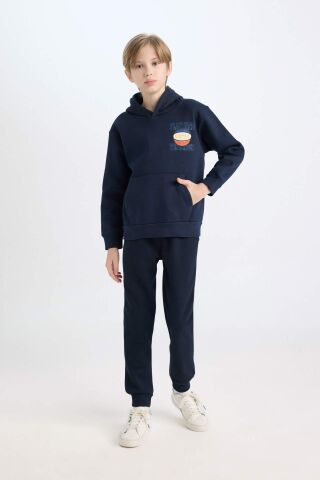 Erkek Çocuk Lacivert Kapüşonlu Sırt Baskılı Kalın Sweatshirt