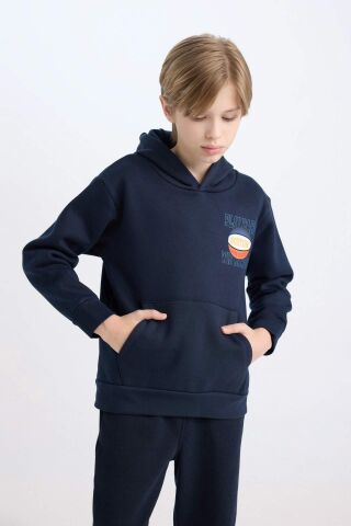 Erkek Çocuk Lacivert Kapüşonlu Sırt Baskılı Kalın Sweatshirt