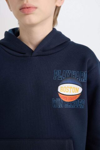 Erkek Çocuk Lacivert Kapüşonlu Sırt Baskılı Kalın Sweatshirt