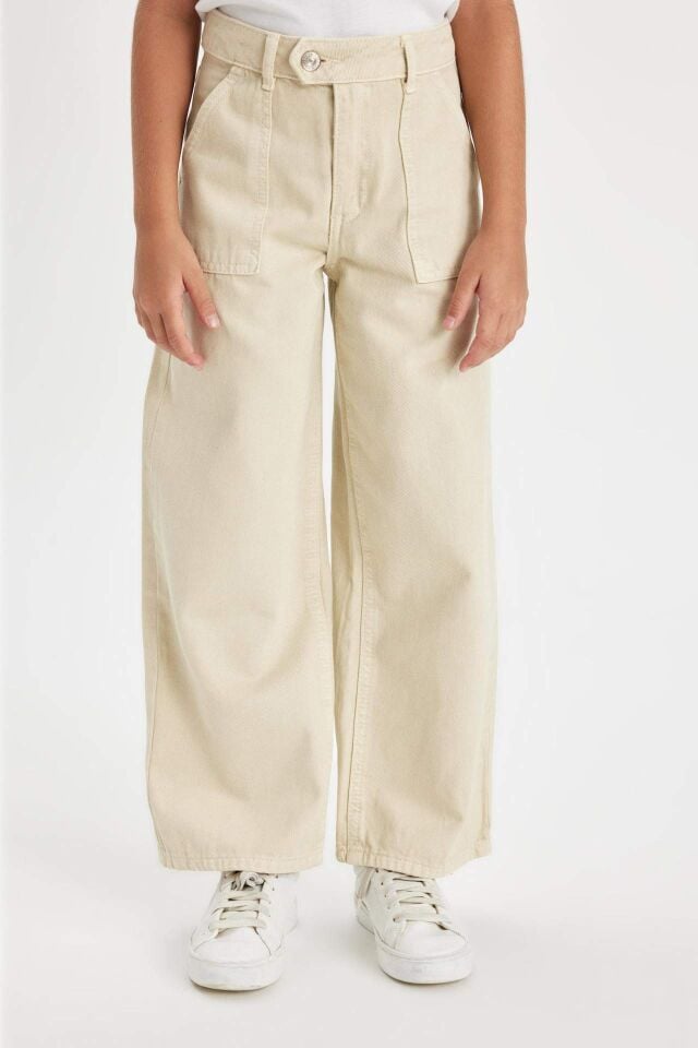 Kız Çocuk Wide Leg Geniş Bol Paça Cepli Pamuklu Bej Pantolon
