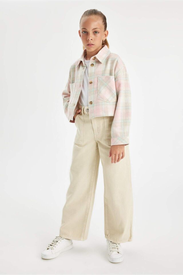 Kız Çocuk Wide Leg Geniş Bol Paça Cepli Pamuklu Bej Pantolon