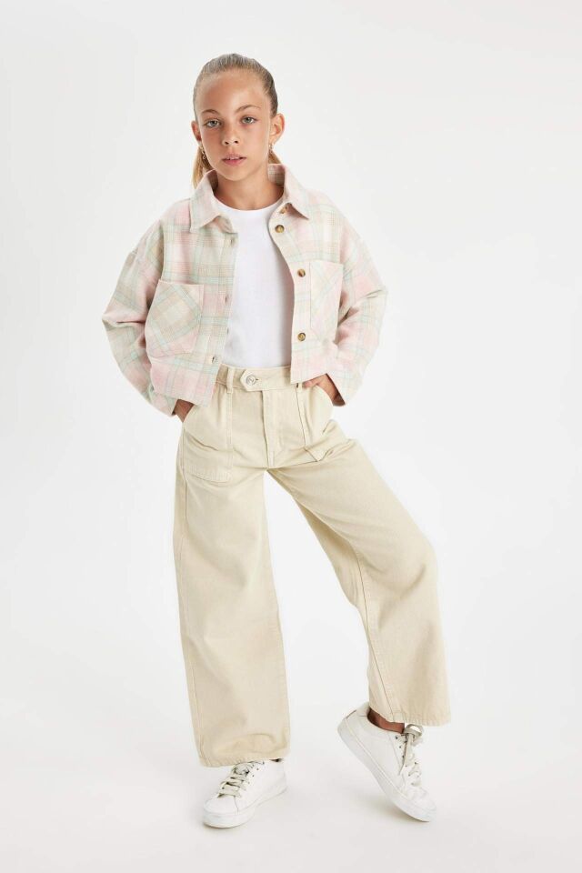 Kız Çocuk Wide Leg Geniş Bol Paça Cepli Pamuklu Bej Pantolon