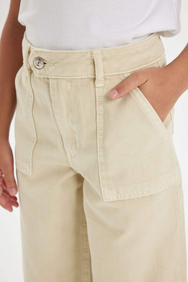 Kız Çocuk Wide Leg Geniş Bol Paça Cepli Pamuklu Bej Pantolon