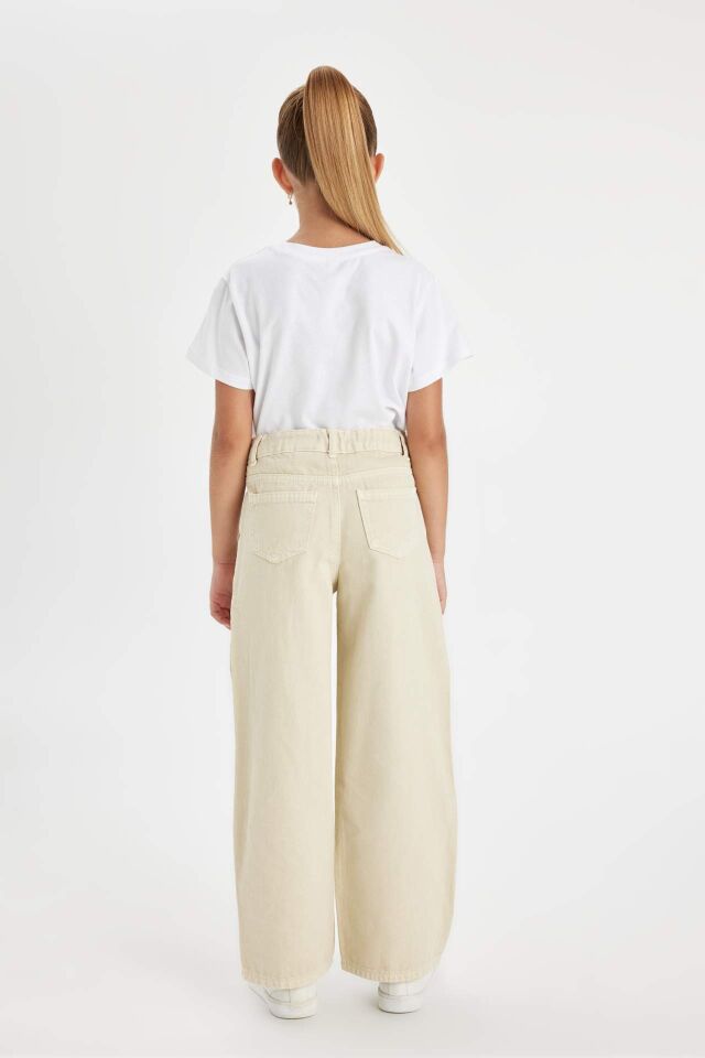 Kız Çocuk Wide Leg Geniş Bol Paça Cepli Pamuklu Bej Pantolon