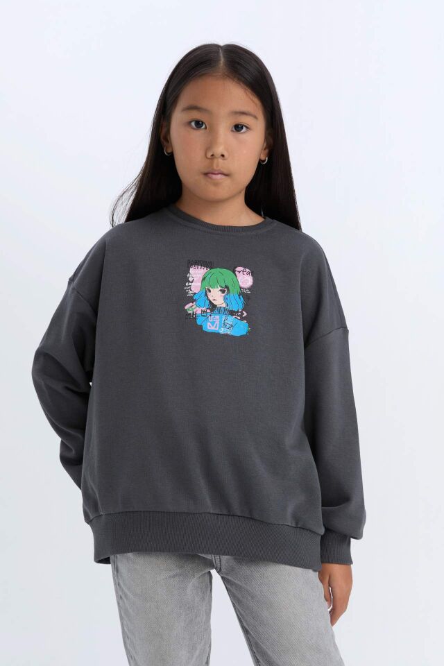 Kız Çocuk Relax Fit Bisiklet Yaka Baskılı Sweatshirt