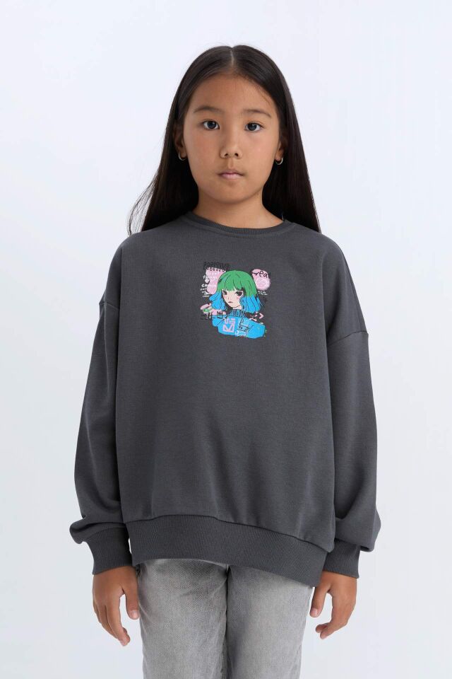 Kız Çocuk Relax Fit Bisiklet Yaka Baskılı Sweatshirt