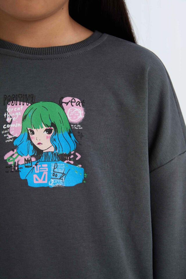 Kız Çocuk Relax Fit Bisiklet Yaka Baskılı Sweatshirt