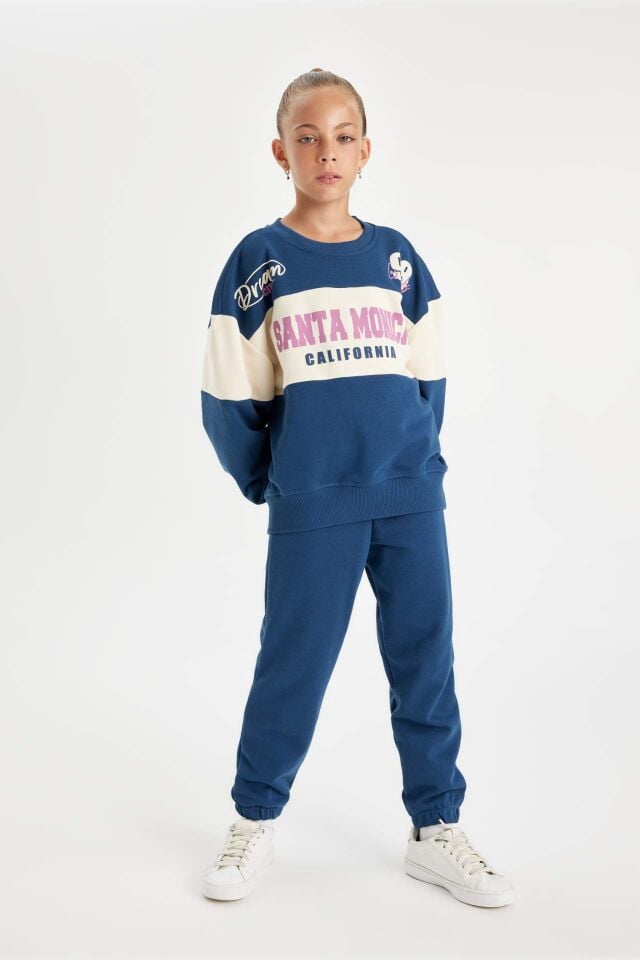 Kız Çocuk 2'li Takım Bisiklet Yaka Baskılı Sweatshirt Jogger Eşofman Altı