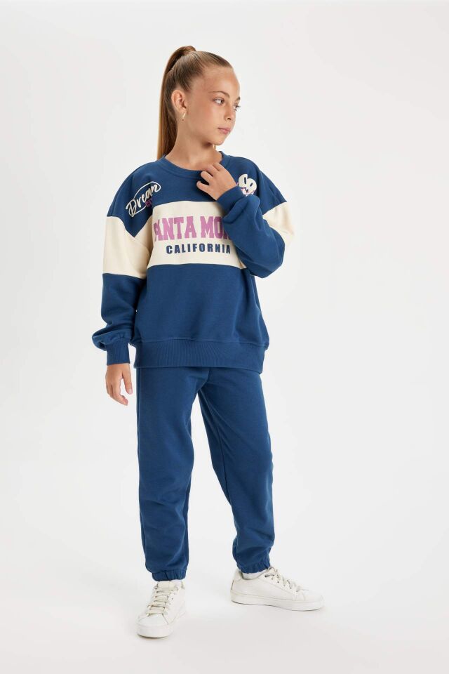 Kız Çocuk 2'li Takım Bisiklet Yaka Baskılı Sweatshirt Jogger Eşofman Altı