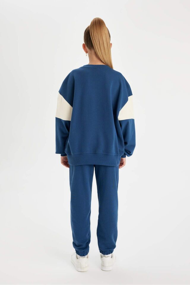 Kız Çocuk 2'li Takım Bisiklet Yaka Baskılı Sweatshirt Jogger Eşofman Altı