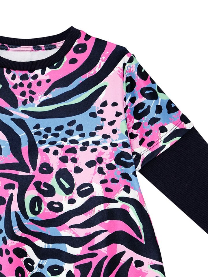 Leopar Desenli Pembe Lacivert Kız Çocuk Elbise