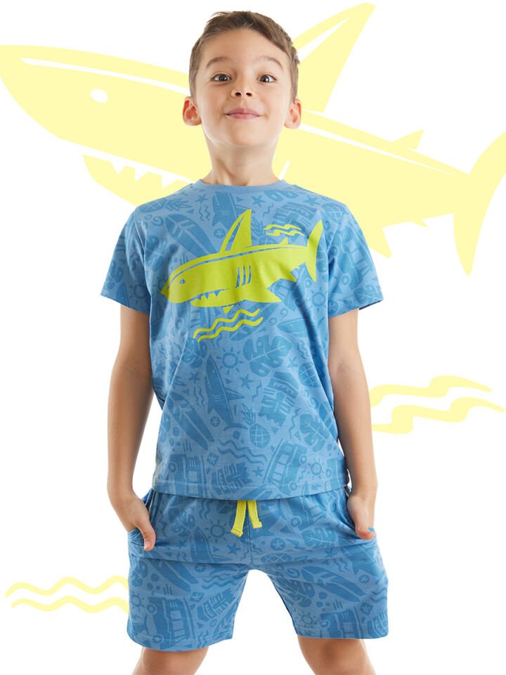 Shark Erkek Çocuk T-shirt Şort Takım 8 Y - Mavi