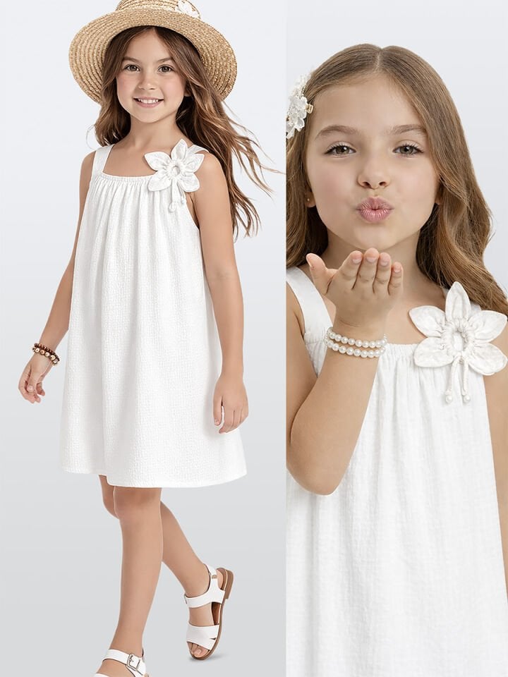 Çiçekli Kol Kız Çocuk Beyaz Elbise