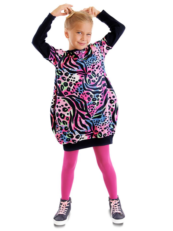 Leopar Desenli Pembe Lacivert Kız Çocuk Elbise 10 Y - Pembe