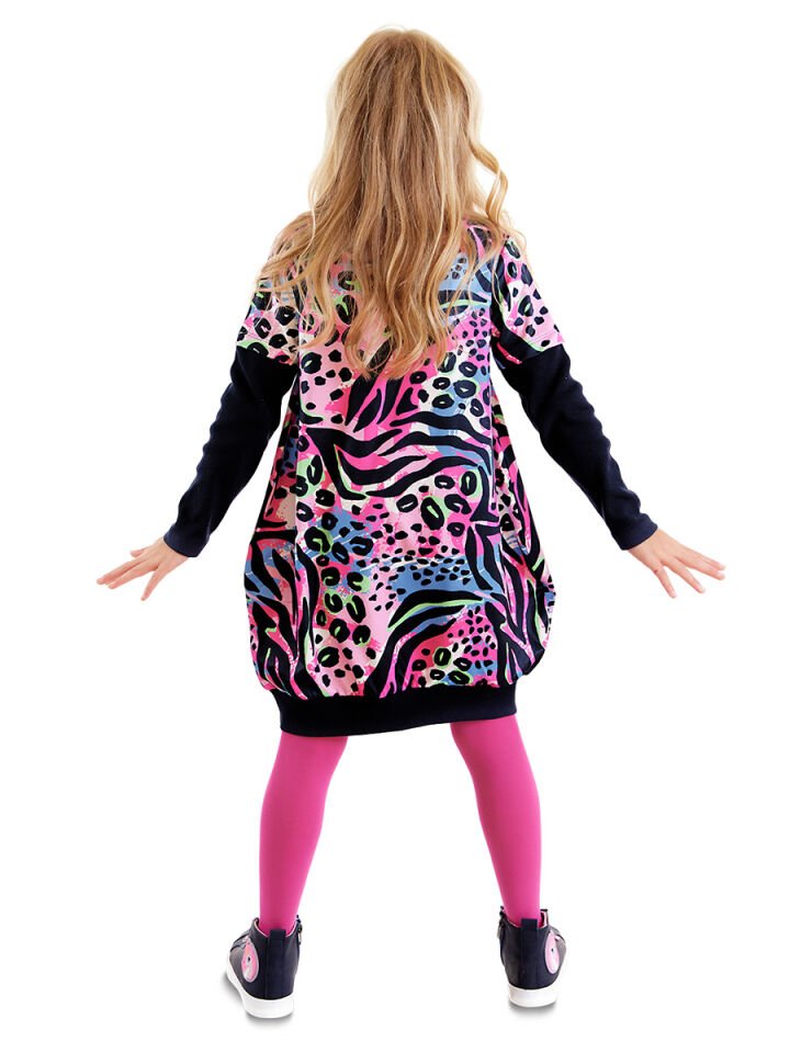 Leopar Desenli Pembe Lacivert Kız Çocuk Elbise 5 Y - Pembe