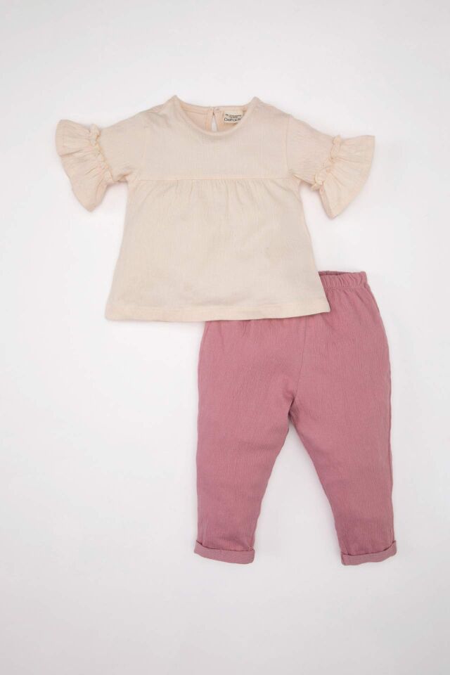 Kız Bebek 2'li Takım Yarım Kollu Bluz Beli Lastikli Pantolon