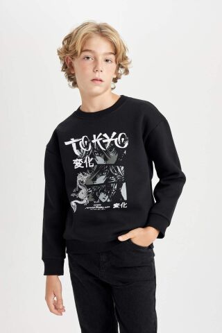 Erkek Çocuk Siyah Oversize Geniş Kalıp Bisiklet Yaka Baskılı Sweatshirt