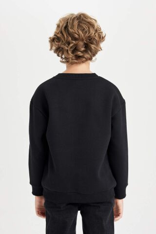Erkek Çocuk Siyah Oversize Geniş Kalıp Bisiklet Yaka Baskılı Sweatshirt