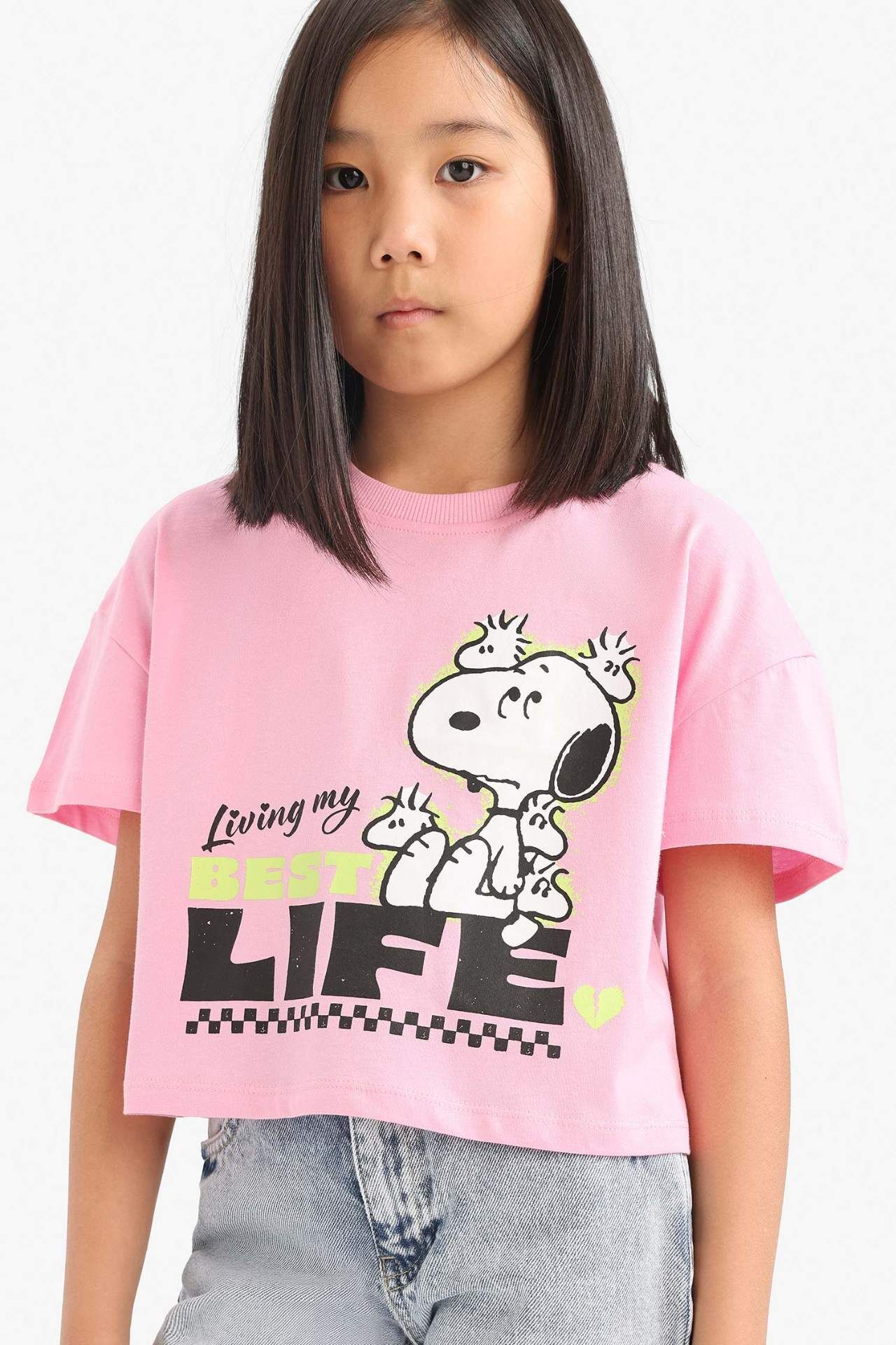Kız Çocuk Snoopy Bisiklet Yaka Kısa Kollu Tişört