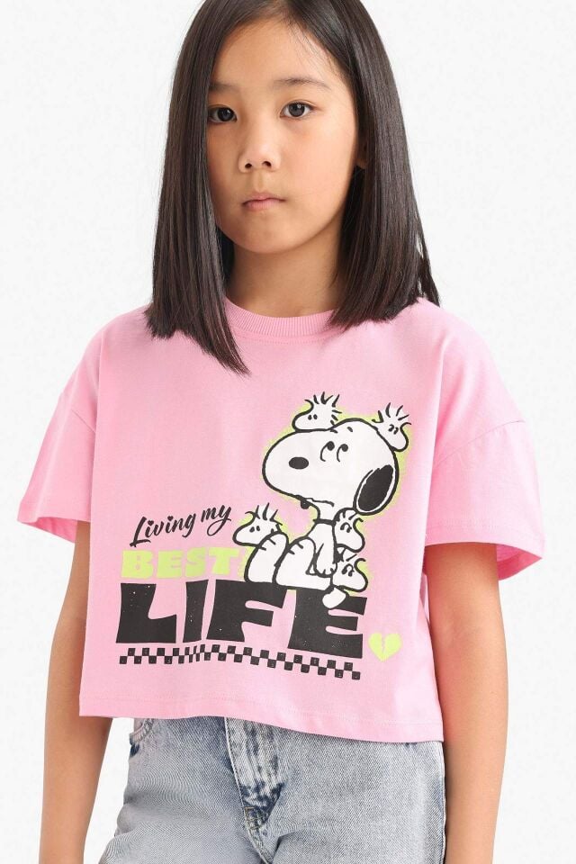 Kız Çocuk Snoopy Bisiklet Yaka Kısa Kollu Tişört