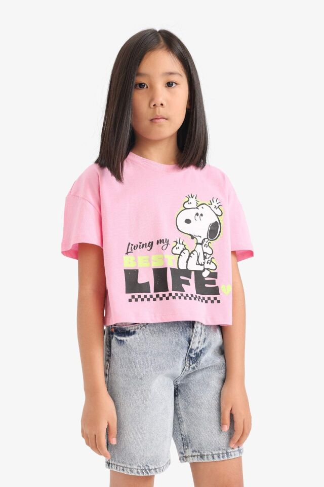 Kız Çocuk Snoopy Bisiklet Yaka Kısa Kollu Tişört
