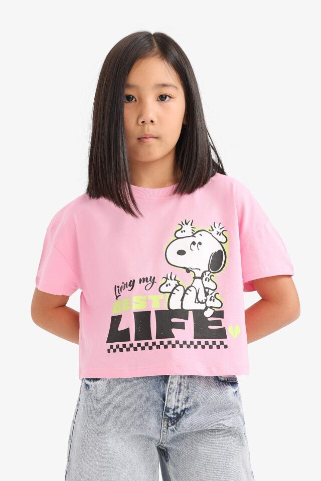 Kız Çocuk Snoopy Bisiklet Yaka Kısa Kollu Tişört