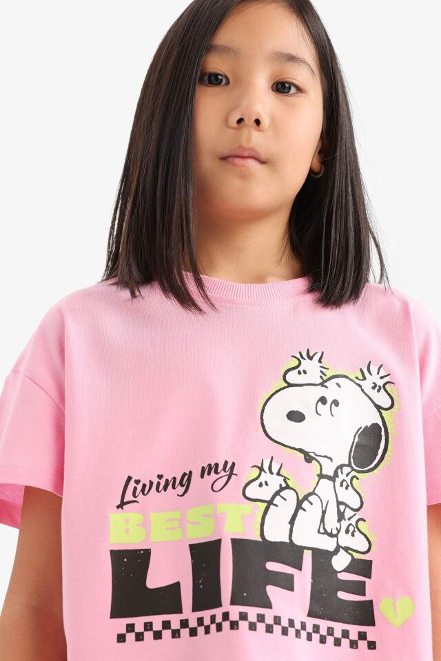 Kız Çocuk Snoopy Bisiklet Yaka Kısa Kollu Tişört