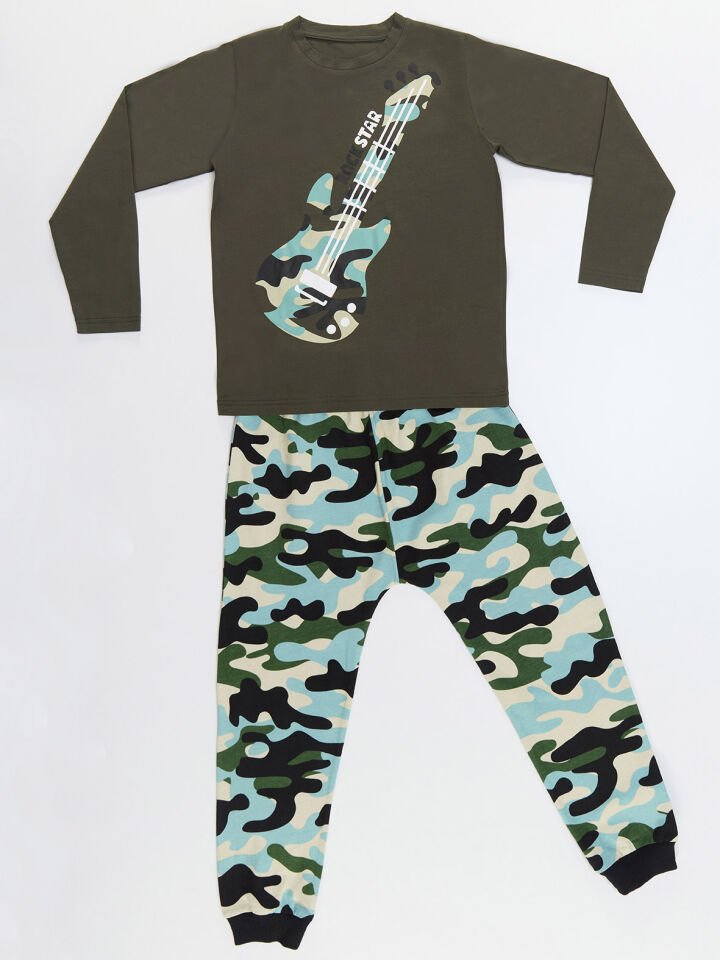 Kamuflaj Gitar Erkek Çocuk T-shirt Pantolon Takım 9 Y - Haki, yeşil
