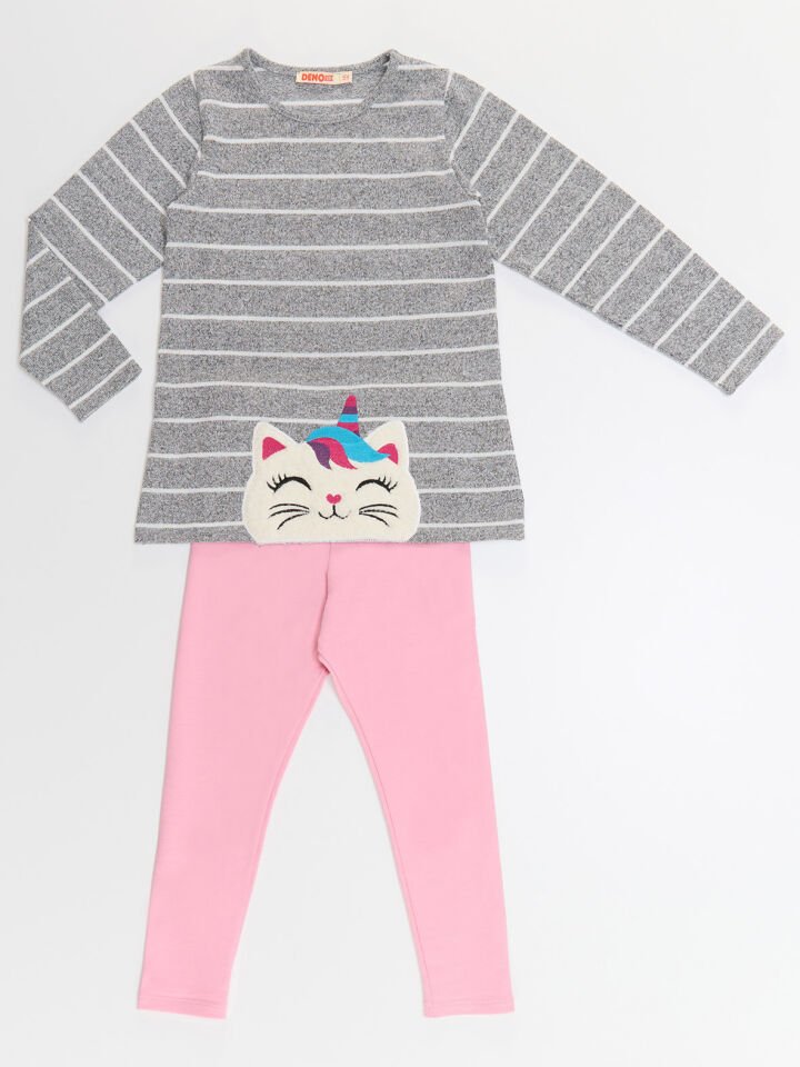 Kedi Unicorn Kız Çocuk Kazak Tayt Takım 8 Y - Pembe, Gri
