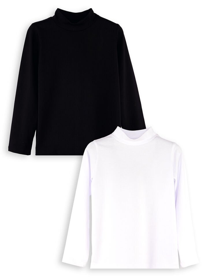 Siyah ve Beyaz Unisex Çocuk 2'li Paket Boğazlı T-shirt
